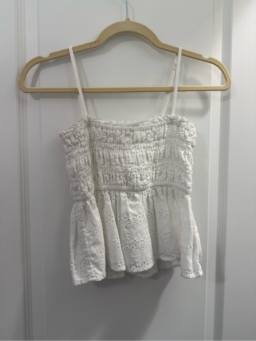 American Eagle Outfitters White Eyelet Smocked Peplum Tank